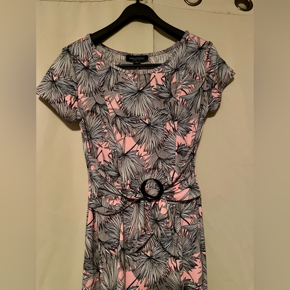 PERCEPTIONS Pink and Black Maxi Floral Dress w Belt Tie - Empire Waist small